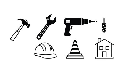 Obraz premium Construction and Tools Icon Set – Hammer, Wrench, Drill, Safety Helmet, Traffic Cone, Home Repair Symbols