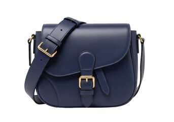 Isolated leather crossbody bag with gold buckle, adjustable strap for carrying essentials