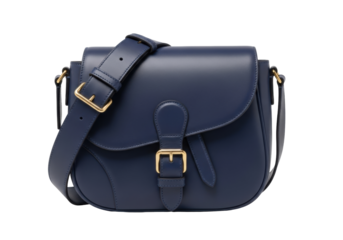 Isolated leather crossbody bag with gold buckle, adjustable strap for carrying essentials