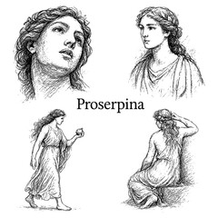 Roman goddess Proserpina with torch and elegant poses in vintage engraving style, Transparent Background