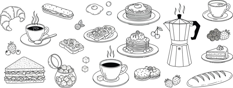 Hand drawn coffee and pastry collection black and white illustration