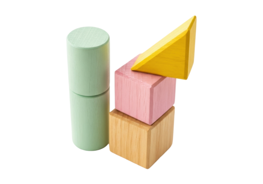Isolated colorful wooden building blocks, stack of basic geometric shapes, toy tower