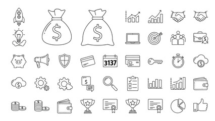 Business and Finance Line Icons Set &ndash; Money, Growth, Strategy, Investment, Success Symbols