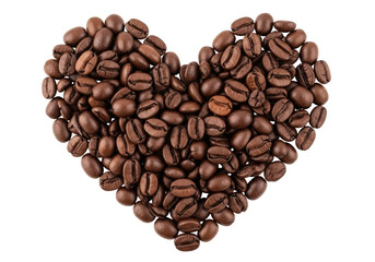 Isolated coffee beans heart shape, food and drink, roasted coffee, symbol of love, caffeine