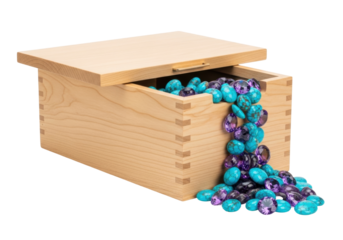 Isolated Light Wood Box Filled With Colorful Stones Semi Precious Gemstones and Open Lid
