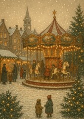 Fototapeta premium Vintage carousel winter wonderland scene.