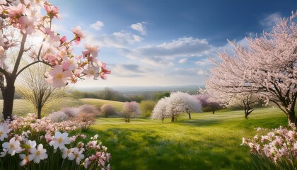 Naklejka premium A Serene Landscape Overflowing With Spring Blossoms Featuring A Soft Pastel Palette That Invites The Viewer Into A Tranquil Blooming Meadow