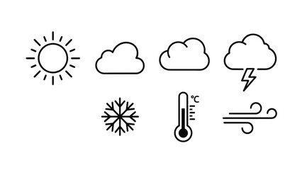 Weather icons representing sun, clouds, lightning, snow, thermometer, and wind