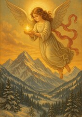 Fototapeta premium Ethereal angelic figure amidst mountains.