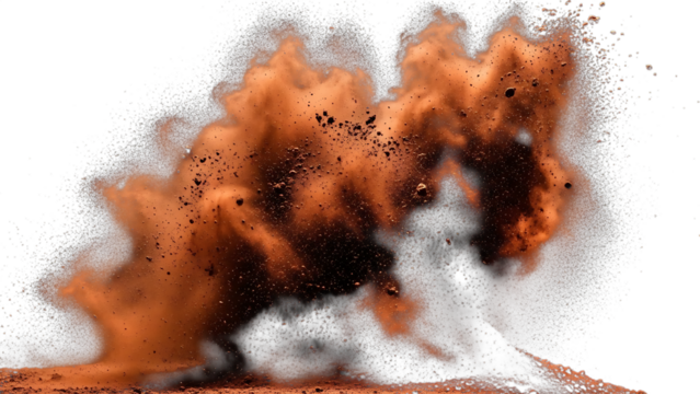 Explosion of brown powder isolated on transparent background in a studio shot