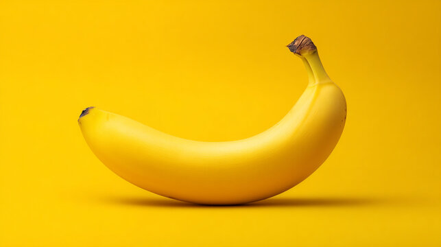 Single yellow banana with a brown stem on a yellow background in a studio setting