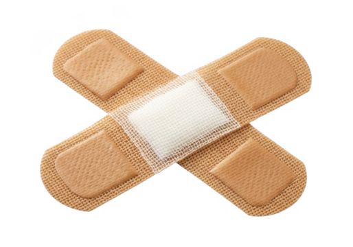 Two adhesive bandages crossed forming an x shape isolated on transparent background