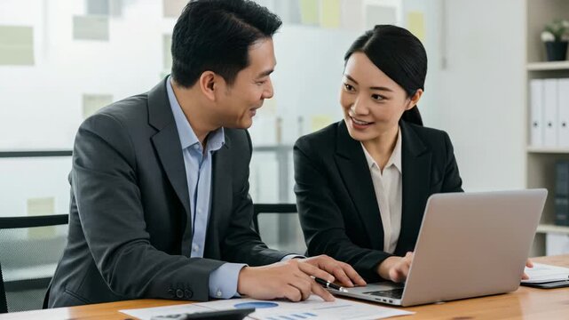 Business professionals discuss and analyze financial reports on laptop in office meeting.