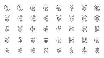 Collection of various currency symbols from different countries in a grid format