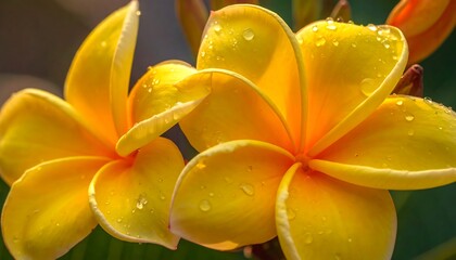 Two vibrant yellow flowers blossom, adorned with glistening water droplets, against a blurred green backdrop