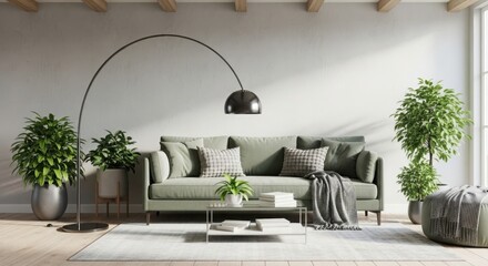 Modern living room oasis elegant sofa arc lamp lush green plants sophisticated interior design