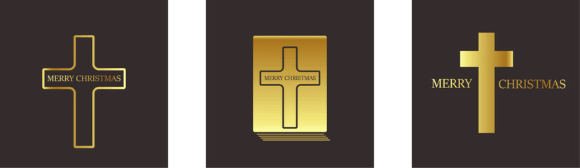 Obraz premium Merry Christmas Christian golden geometric background collection with golden text and cross. Merry Christmas minimalistic poster set, social media post layout, square banner design template set