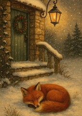 Naklejka premium Cozy fox under snowy lantern.