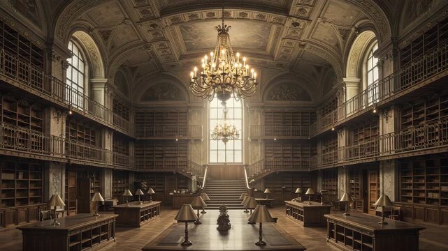 Grand Library Interior With Ornate Chandeliers and Rows of Books Illuminated by Natural Light Streaming Through Arched Windows Classic Academic Study