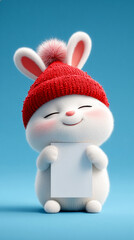 Cute 3D white bunny in red knitted hat holding blank sign
