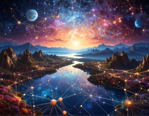 A vibrant river flows through a mountain landscape under a cosmic sky connected by a network of glowing orbs and lines