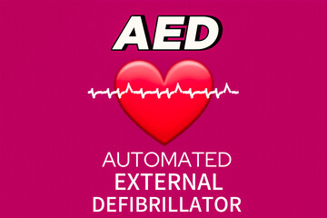 AED (Automated External Defibrillator) Concept: Life-Saving Device with Heart Symbol, Heartbeat Line, and High-Contrast Magenta Background.