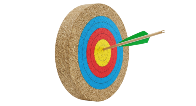 Isolated target made of straw with an arrow hitting the bullseye for archery competition