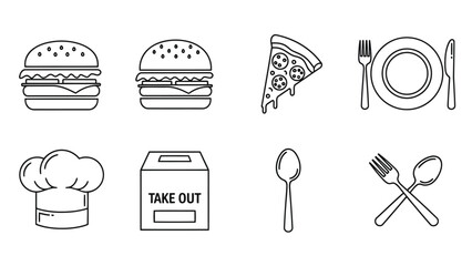 Food and Restaurant Line Icons Set &ndash; Burger, Pizza, Chef Hat, Takeout, Cutlery Symbols