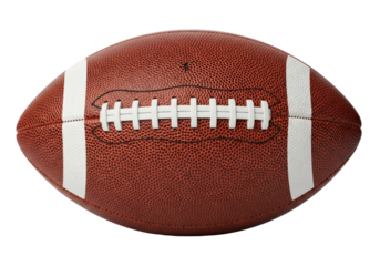Isolated American football closeup shows laces, pigskin for sports, gridiron, teamwork, training
