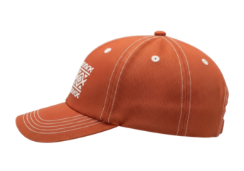 Isolated rust-colored baseball cap with a unique Aztec-style logo, comfortable and adjustable design