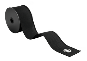 A roll of black textured ribbon with a grommet on the end isolated on transparent background