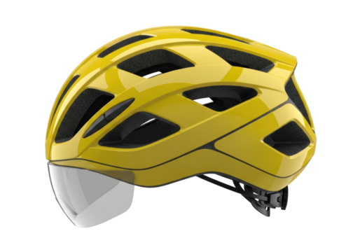 Isolated yellow cycling helmet with visor for road biking for head protection safety gear