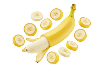 A whole, peeled, and sliced ripe yellow banana, creamy white flesh, dynamically floating against a transparent studio background, bright soft light, concept of healthy eating and natural freshness.
