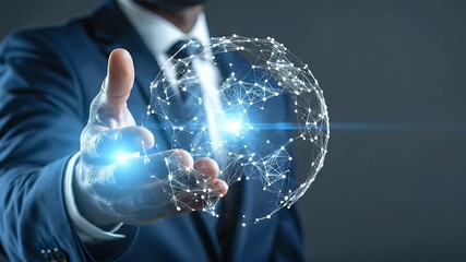 African American Business Man in Blue Suit Touching Digital Network Globe on Dark Gray Background with Lens Flare Effects and Futuristic Technology - Powered by Adobe