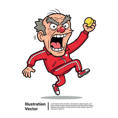 Furious cartoon coach character yelling in anger, an elderly man in a red tracksuit holding a ball
