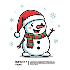 Smiling cartoon snowman with a festive red hat and striped scarf, spreading winter holiday cheer