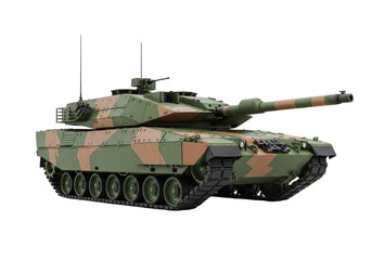 Isolated German Leopard 2A7 main battle tank with camouflage paint, modern military vehicle