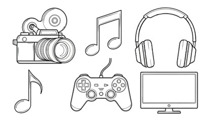Collection of music and gaming icons including headphones, musical notes, a camera, and a game controller