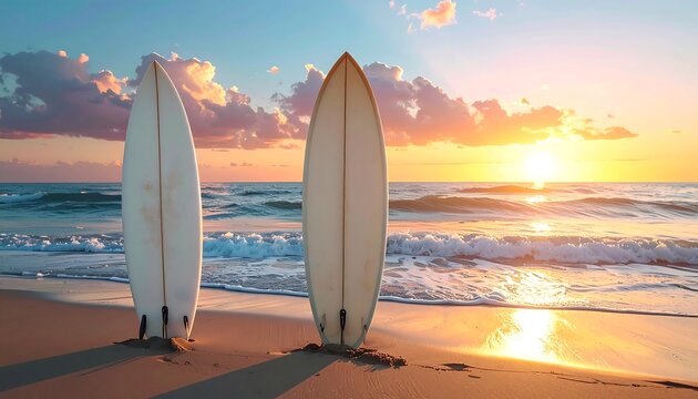 Two surfboards stand on a sandy beach as golden sunlight illuminates the ocean waves at sunset - Powered by Adobe
