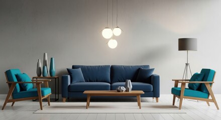 Modern living room with teal accent chairs and a deep blue sofa showcasing contemporary furniture design