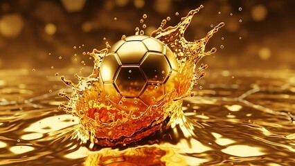 Golden soccer ball splash liquid motion fluid dynamic abstract luxury award sport trophy celebration