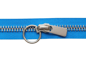 Close up of a bright blue zipper with a silver pull tab and ring isolated on transparent background