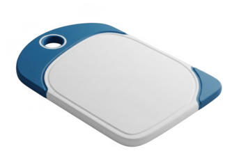 Blue and white rectangular tag with rounded corners and a hole isolated on transparent background