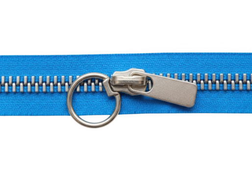 Close up of a bright blue zipper with a silver pull tab and ring isolated on transparent background
