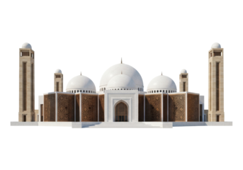 Isolated Islamic Architecture with Ornate Details, White Dome, and Towers on Display