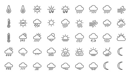 Clean outline weather icons including sun, cloud, rain, storm, snow, wind for forecasts and climate graphics.