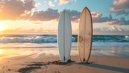 Two surfboards stand upright in soft, golden sunlight on a sandy beach with waves crashing in the background