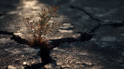 plant roots breaking through asphalt ground, resilience of life concept, cinematic lighting and shadow contrast, v7 ultra-realistic detail 