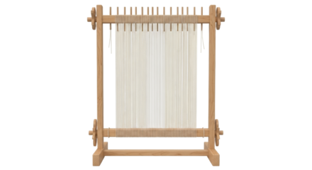 Isolated wooden weaving loom with cotton warp threads for handicraft art hobby setup
