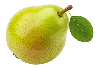 Isolated yellow-green pear with stem and single leaf against neutral backdrop with natural light